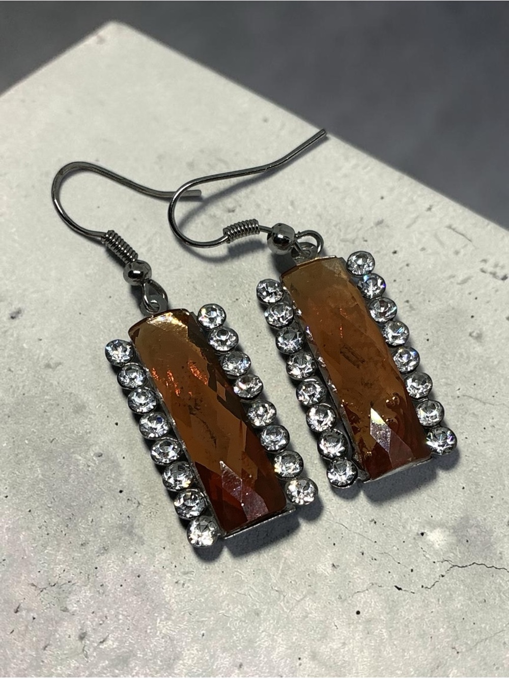 Vintage Acrylic Amber With Rhinestone Halo Rectangle Dangle Earrings Pierced